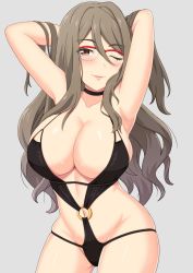 Rule 34 | 1girl, armpits, arms behind head, black one-piece swimsuit, blush, breasts, brown eyes, brown hair, cleavage, closed mouth, eyebrows hidden by hair, glasses, grey background, guchiaki, large breasts, long hair, looking at viewer, lycoris recoil, nakahara mizuki, navel, o-ring, o-ring swimsuit, one-piece swimsuit, one eye closed, simple background, slingshot swimsuit, smile, solo, swimsuit