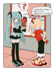Rule 34 | 1boy, 1girl, ?, black footwear, black pants, black skirt, blue eyes, blue hair, blue necktie, boots, closed mouth, condorito, condorito (character), detached sleeves, flip-flops, hatsune miku, highres, long hair, long sleeves, looking at another, necktie, pants, pleated skirt, red footwear, red shirt, ri (qrcode), sandals, shirt, short sleeves, skirt, spanish text, speech bubble, spoken question mark, thigh boots, translation request, twintails, vocaloid