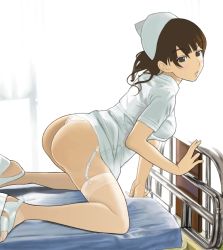 Rule 34 | 1girl, all fours, ass, bad id, bad pixiv id, bed, bent over, blush, brown hair, from side, garter belt, hat, hospital bed, mimizo, mimizou, nurse, nurse cap, panties, sandals, shoes, solo, thighhighs, thong, underwear
