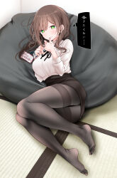 Rule 34 | 1girl, black pantyhose, black ribbon, black skirt, blouse, blush, breasts, brown hair, feet, green eyes, highres, indoors, knees together feet apart, legs, long hair, long sleeves, looking at viewer, neck ribbon, no shoes, office lady, ol-chan (oouso), oouso, original, panties, pantyhose, ribbon, shirt, skirt, solo, tatami, thighband pantyhose, toes, translated, underwear, white shirt