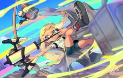Rule 34 | 1girl, :q, bike shorts, black footwear, black shorts, blonde hair, bow (weapon), braid, domino mask, green eyes, highres, inkling, inkling girl, inkling player character, jumping, kneepits, legs, legs up, long hair, mask, minamidena, nintendo, pointy ears, shirt, shoes, short sleeves, shorts, smile, splatoon (series), splatoon 3, suction cups, tentacle hair, thighs, tongue, tongue out, tri-stringer (splatoon), weapon, white shirt