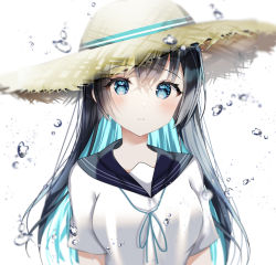 Rule 34 | 1girl, absurdres, aqua neckwear, aqua ribbon, bad id, bad pixiv id, beige headwear, black hair, blue eyes, blue hair, blurry, blush, breasts, closed mouth, colored inner hair, depth of field, expressionless, eyebrows visible through hat, hat, highres, long hair, looking at viewer, medium breasts, multicolored hair, original, ribbon, sailor collar, shiori (shiori 2 14), shirt, short sleeves, simple background, solo, straw hat, tilted headwear, two-tone hair, uniform, upper body, water, water drop, white background, white shirt, yellow hat