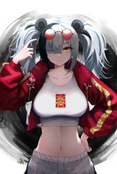 Rule 34 | 1girl, ;3, absurdres, animal ears, arknights, black hair, blouse, blunt bangs, feater (arknights), feater (gourmet) (arknights), hand on own hip, highres, kakuma, looking at viewer, multicolored hair, official alternate costume, one eye closed, panda ears, shirt, silver hair, smile, solo, streaked hair, twintails, white shirt