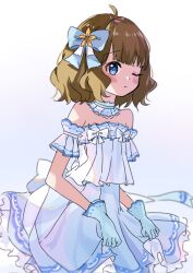 Rule 34 | 1girl, :t, ahoge, back bow, blue bow, blue eyes, blush, bow, brown hair, collarbone, commentary, detached collar, dress, frilled sleeves, frills, gloves, hair bow, highres, idolmaster, idolmaster million live!, idolmaster million live! theater days, looking at viewer, medium hair, morizu929, official alternate costume, one eye closed, print dress, puffy cheeks, short sleeves, sidelocks, solo, suou momoko, wavy hair, white background, white dress, white gloves