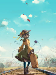 Rule 34 | 1girl, balloon, black footwear, black hat, blouse, blue flower, blue socks, boots, bow, closed mouth, cloud, commentary, corset, day, eyebrows hidden by hair, facing away, flower, frilled shirt collar, frilled skirt, frilled sleeves, frills, grass, green eyes, green hair, green skirt, hair between eyes, hat, hat bow, hat ribbon, heart, heart of string, highres, holding, holding suitcase, kneehighs, komeiji koishi, leaf, long sleeves, looking at viewer, looking back, nemophila (flower), outdoors, railroad tracks, ribbon, shirt, short hair, skirt, sky, smile, socks, solo, suitcase, tami (joemanyodw), third eye, touhou, tree, walking, wide sleeves, yellow bow, yellow ribbon, yellow shirt