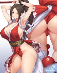 Rule 34 | 1girl, armpits, arms up, artist name, ass, bare shoulders, breasts, brown eyes, brown hair, cameltoe, cleavage, commentary request, fatal fury, floral print, flower, gonster, gradient background, hair ornament, hand fan, highres, japanese clothes, large breasts, lips, long hair, looking at viewer, ninja, obi, parted bangs, parted lips, pelvic curtain, ponytail, revealing clothes, sash, shiny skin, shiranui mai, signature, simple background, smile, snk, the king of fighters, the king of fighters xv, thighs