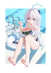 Rule 34 | 1girl, absurdres, barefoot, blue archive, blue bow, blue halo, blue one-piece swimsuit, bow, collarbone, commentary, food, frilled one-piece swimsuit, frills, fruit, hair bow, halo, halterneck, highres, holding, holding food, holding fruit, holding spoon, innertube, knees up, long hair, looking at viewer, miyako (blue archive), miyako (swimsuit) (blue archive), off-shoulder one-piece swimsuit, off shoulder, official alternate costume, one-piece swimsuit, open mouth, ponytail, pool, purple eyes, ratto (ratto channel), shadow, sitting, solo, spoon, swim ring, swimsuit, transparent bag, two-tone one-piece swimsuit, watermelon, white hair, white innertube