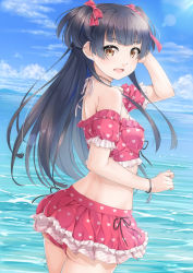 Rule 34 | 1girl, :d, arm up, ass, bare shoulders, bikini, bikini skirt, black hair, blue sky, blush, bow, breasts, brown eyes, cloud, cloudy sky, commentary request, cowboy shot, day, frilled bikini, frills, hair bow, heart, heart print, horizon, idolmaster, idolmaster shiny colors, long hair, looking at viewer, looking to the side, mayuzumi fuyuko, miri (ago550421), ocean, open mouth, outdoors, print bikini, red bikini, red bow, signature, sky, small breasts, smile, solo, swimsuit, two side up, v-shaped eyebrows, very long hair, water