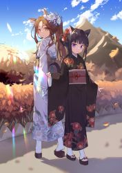 Rule 34 | 2girls, absurdres, animal ear fluff, animal ears, black footwear, black hair, black kimono, blush, brown eyes, brown hair, cat ears, cat girl, cat tail, commentary request, day, english text, floral print, flower, fox ears, fox girl, full body, hair flower, hair ornament, highres, japanese clothes, kimono, long hair, long sleeves, looking at viewer, looking back, mo (pixiv9929995), mountain, multiple girls, obi, original, outdoors, parted bangs, parted lips, ponytail, print kimono, purple eyes, red flower, sandals, sash, sleeves past wrists, socks, tabi, tail, watermark, white flower, white kimono, white socks, wide sleeves, zouri