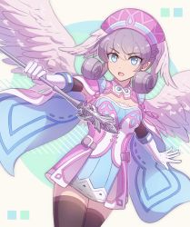 Rule 34 | 1girl, blue eyes, breasts, cape, cowboy shot, dress, elbow gloves, enni, gloves, hat, head wings, holding, holding staff, looking at viewer, medium breasts, melia antiqua, nintendo, open mouth, short dress, silver hair, solo, staff, thighhighs, white background, wings, xenoblade chronicles (series), xenoblade chronicles 1, zettai ryouiki