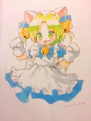Rule 34 | 1girl, :3, animal hands, animal hat, apron, arinu, artist name, bell, blue bow, blue dress, blush, bow, bowtie, cat hat, colored pencil (medium), commentary request, dated, dejiko, di gi charat, dress, fang, frilled apron, frilled dress, frills, gloves, green eyes, green hair, hat, highres, jingle bell, maid apron, open mouth, paw gloves, puffy short sleeves, puffy sleeves, short sleeves, skin fang, solo, traditional media, upper body