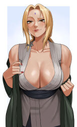 Rule 34 | 1girl, artist name, blonde hair, blush, breasts, brown eyes, cleavage, facial mark, forehead mark, gud0c, highres, large breasts, looking at viewer, mature female, naruto (series), ninja, red nails, simple background, sleeveless, smile, smug, solo, teasing, tsunade (naruto), upper body, veins, veiny breasts, yellow eyes