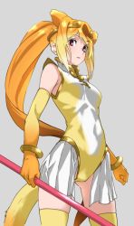 Rule 34 | 1girl, absurdres, animal ears, bare shoulders, breasts, circlet, commentary, cowboy shot, elbow gloves, extra ears, gloves, golden snub-nosed monkey (kemono friends), grey background, highres, holding, holding staff, kemono friends, leotard, long hair, looking at viewer, monkey ears, monkey girl, monkey tail, orange hair, ponytail, red eyes, showgirl skirt, simple background, skirt, small breasts, solo, staff, tail, tanabe (fueisei), thighhighs, very long hair, white skirt, yellow thighhighs