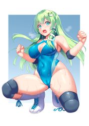 Rule 34 | 1girl, absurdres, bare shoulders, blue background, blue leotard, blush, boots, breasts, cameltoe, cleavage, clenched hand, clenched hands, collarbone, commentary request, commission, covered navel, cross-laced footwear, elbow pads, frog hair ornament, full body, green hair, groin, hair ornament, hair tubes, highleg, highres, knee pads, kochiya sanae, lace-up boots, large breasts, leotard, long hair, looking at viewer, open mouth, sidelocks, skeb commission, snake hair ornament, solo, squatting, sweat, teeth, thighhighs, tokyo yamane, touhou, upper teeth only, white background, wrestling outfit