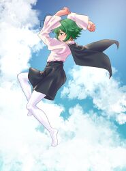 Rule 34 | 1girl, androgynous, antennae, black cape, black shorts, blue sky, blush, cape, closed mouth, cloud, commentary request, day, eggprotain, full body, green eyes, green hair, highres, jumping, long sleeves, no shoes, paid reward available, pantyhose, pantyhose under shorts, shirt, short hair, shorts, sky, smile, solo, touhou, white pantyhose, white shirt, wriggle nightbug