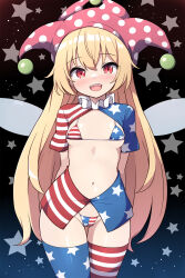 Rule 34 | 1girl, :d, arms behind back, asymmetrical legwear, bikini, blonde hair, blue thighhighs, clownpiece, commentary request, hat, highres, jester cap, long hair, looking at viewer, mismatched bikini, mismatched legwear, navel, open mouth, polka dot headwear, print thighhighs, red eyes, red hat, red thighhighs, rizento, smile, solo, star (symbol), star print, starry background, striped clothes, striped thighhighs, swimsuit, teeth, thighhighs, touhou, upper teeth only, wings
