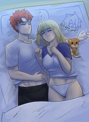 1boy 1girl artist_name artoria_pendragon_(fate) bed bed_sheet blonde_hair couple emiya_shirou fate_(series) highres igno_art red_hair sleeping stuffed_animal stuffed_toy underwear