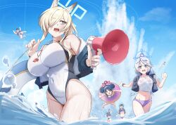 6+girls absurdres ahoge animal_ear_fluff animal_ears bikini black_vest blonde_hair blue_archive blue_eyes blue_hair blue_halo blue_hat blue_jacket blue_sky braid breasts cloud commentary_request competition_swimsuit covered_eyes covered_navel cowboy_shot day dog_ears double_bun eyewear_on_head fubuki_(blue_archive) fubuki_(swimsuit)_(blue_archive) goggles goggles_on_head grey_hair hair_bun hair_over_eyes hair_over_one_eye halo hat highleg highleg_one-piece_swimsuit highres holding holding_megaphone innertube jacket kanna_(blue_archive) kanna_(swimsuit)_(blue_archive) kirino_(blue_archive) kirino_(swimsuit)_(blue_archive) large_breasts light_blush long_hair long_sleeves megaphone multiple_girls naka1379 notched_ear ocean off_shoulder official_alternate_costume one-piece_swimsuit one_eye_covered open_clothes open_jacket open_mouth open_vest outdoors peaked_cap pink_eyes pink_halo purple_bikini purple_halo see-through see-through_shirt sharp_teeth shirt short_sleeves single_braid sky standing swim_ring swimsuit teeth tied_shirt tongue track_jacket upper_teeth_only v-shaped_eyebrows valkyrie_police_academy_student_(blue_archive) valkyrie_police_academy_student_(sg)_(blue_archive) very_long_hair vest wading water wet wet_clothes wet_shirt wet_swimsuit whistle whistle_around_neck white_one-piece_swimsuit white_shirt
