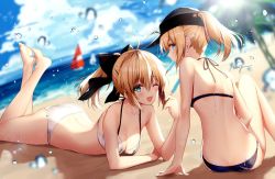 Rule 34 | 2girls, ahoge, aqua eyes, artoria pendragon (all), artoria pendragon (fate), ass, beach, bikini, black bikini, black bow, blonde hair, blue eyes, blurry, blurry background, blush, bow, breasts, cleavage, cloud, cloudy sky, collarbone, day, duplicate, fate/grand order, fate/unlimited codes, fate (series), food, hair between eyes, hair bow, happy, holding, horizon, ice cream, long hair, looking at viewer, looking back, lying, medium breasts, multiple girls, mysterious heroine x (fate), necomi, ocean, on stomach, one eye closed, open mouth, outdoors, palm tree, ponytail, saber lily, sand, sitting, sky, smile, splashing, swimsuit, tree, wet, white bikini