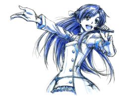 Rule 34 | 10s, 1girl, gata2013, highres, kakumeiki valvrave, long hair, microphone, monochrome, music, open mouth, outstretched arm, rukino saki, singing, sketch, smile, solo, traditional media, white background