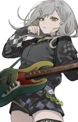 Rule 34 | 1girl, argyle, argyle clothes, argyle shorts, argyle sweater, belt, black choker, black shorts, black sweater, braid, breasts, chain belt, choker, closed mouth, commentary request, cowboy shot, electric guitar, green eyes, grey hair, guitar, hair ornament, hairpin, hand up, highres, hinomori shiho, holding, holding instrument, instrument, inu totemo, legs apart, long hair, long sleeves, looking at viewer, loose belt, medium breasts, parted bangs, parted lips, project sekai, shorts, simple background, solo, sweater, teeth, thick thighs, thighs, v-neck, white background