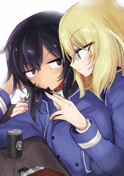 Rule 34 | 10s, 2girls, andou (girls und panzer), bar (place), bc freedom military uniform, black eyes, black hair, blonde hair, blue eyes, blue jacket, blue vest, can, candy, chocolate, chocolate bar, closed mouth, dress shirt, drink can, elbow rest, feeding, food, frown, girls und panzer, glaring, half-closed eyes, high collar, jacket, kyuusui gakari, long sleeves, looking at another, looking back, medium hair, military, military uniform, multiple girls, oshida (girls und panzer), playing with another&#039;s hair, shirt, sitting, smile, soda can, uniform, v-shaped eyebrows, vest, white shirt