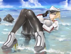Rule 34 | 1girl, black gloves, black pantyhose, blonde hair, breasts, c-da, capelet, celtic knot, cross, gloves, graf zeppelin (kancolle), grey eyes, hair between eyes, hat, highres, jacket, kantai collection, large breasts, lying, military, military uniform, miniskirt, necktie, pantyhose, partially submerged, peaked cap, rock, sidelocks, skirt, solo, twintails, uniform, water, white hat