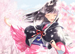 Rule 34 | 1girl, :d, black capelet, black hair, black sailor collar, blue sky, blurry, blurry background, blurry foreground, blush, capelet, cherry blossoms, closed eyes, cloud, commentary request, day, depth of field, facing viewer, floating hair, floral print, flower, japanese clothes, kimono, long hair, long sleeves, miyabi akino, neck ribbon, obi, open mouth, original, outdoors, petals, pink flower, pink kimono, print kimono, red ribbon, ribbon, sailor collar, sash, sidelocks, sky, smile, solo, tree, twitter username, wide sleeves