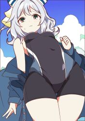 Rule 34 | 1girl, alternate costume, animal ears, bare shoulders, black one-piece swimsuit, blush, breasts, brown eyes, clenched hand, closed mouth, cloud, commentary request, competition swimsuit, cowboy shot, ear covers, ear ornament, grey hair, hair between eyes, hair ornament, highres, hishi miracle (umamusume), horse ears, horse girl, horse tail, jacket, jacket partially removed, looking at viewer, medium breasts, navel, one-piece swimsuit, short hair, sky, small breasts, solo, swimsuit, tail, umamusume, wahiko (black bastard)