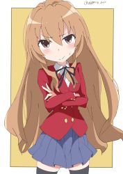 Rule 34 | 1girl, absurdres, aisaka taiga, black thighhighs, blazer, blue skirt, blush, border, brown eyes, brown hair, brown ribbon, buttons, closed mouth, collared shirt, commentary, cowboy shot, crossed arms, double-breasted, hair between eyes, highres, jacket, long hair, long sleeves, looking at viewer, neck ribbon, oohashi high school uniform, outside border, red jacket, ribbon, school uniform, shirt, simple background, skirt, solo, split mouth, standing, sweatdrop, thighhighs, toradora!, twitter username, white border, white gorilla (okamoto), white shirt, yellow background, zettai ryouiki