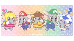 Rule 34 | 2girls, 3boys, ?, ??, absurdres, animal, animalization, blonde hair, blue eyes, blue headwear, blue overalls, blue shirt, blue toad (mario), brown hair, crown, dress, elephant, elephant blue toad (mario), elephant boy, elephant daisy, elephant girl, elephant luigi, elephant mario, elephant peach, elephant tail, facial hair, furry, furry male, gloves, green shirt, highres, long hair, long sleeves, looking at another, luigi, mario, mario (series), multicolored background, multiple boys, multiple girls, mustache, nintendo, open clothes, open shirt, orange dress, overalls, pants, pink dress, polka dot, polka dot background, princess daisy, princess peach, rainbow background, red headwear, red shirt, shirt, strawberry mootuber, super mario bros. wonder, sweat, toad (mario), white gloves, white headwear, white pants