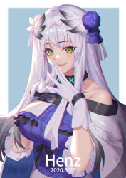 Rule 34 | 1girl, absurdres, arknights, bare shoulders, bibeak (arknights), blue background, blue flower, blue rose, border, breasts, chinese commentary, commentary request, feather hair, flower, gloves, green eyes, hair flower, hair ornament, henz, highres, large breasts, long hair, looking at viewer, outside border, own hands together, partial commentary, rose, silver hair, simple background, smile, solo, steepled fingers, upper body, white border, white gloves