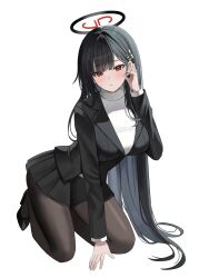 Rule 34 | 1girl, absurdres, black footwear, black hair, black pantyhose, black skirt, blue archive, blush, breasts, hair ornament, hairpin, halo, high heels, highres, large breasts, long hair, long sleeves, looking at viewer, nannung, pantyhose, parted lips, pleated skirt, red eyes, rio (blue archive), simple background, skirt, solo, sweater, white background, white sweater
