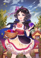 Rule 34 | 1girl, apple, basket, black hair, blue eyes, blush, cape, dwarf, food, fruit, hair ribbon, hat, looking at viewer, official art, open mouth, original, puff and slash sleeves, puffy sleeves, ribbon, short hair, sid story, snow white, snow white (sid story), snow white and the seven dwarfs, solo, solo focus, thunder, woonak