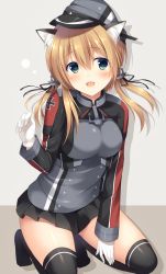 Rule 34 | 10s, 1girl, :d, anchor hair ornament, animal ears, aqua eyes, blonde hair, cat ears, fang, gloves, hair ornament, hat, highres, kantai collection, kemonomimi mode, long hair, looking at viewer, no shoes, open mouth, peaked cap, pleated skirt, prinz eugen (kancolle), seiza, sitting, skirt, smile, solo, tomoo (tomo), twintails, white gloves