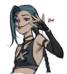 Rule 34 | 1girl, arcane: league of legends, arcane jinx, artist name, bare shoulders, black gloves, braid, breasts, character name, cloud tattoo, cropped torso, detached sleeves, fingerless gloves, gloves, green hair, highres, jewelry, jinx (league of legends), league of legends, long hair, looking at viewer, necklace, pink eyes, shoulder tattoo, simple background, small breasts, tattoo, upper body, white background, wosashimi