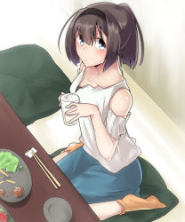 Rule 34 | 1girl, absurdres, akizuki (kancolle), alternate costume, blouse, blue eyes, blush, closed mouth, commentary request, food, glass, gradient background, hair between eyes, hair ornament, highres, kantai collection, kiritto, long skirt, looking at viewer, looking up, orange legwear, pillow, shirt, sitting, skirt, solo, table, white shirt