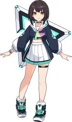 Rule 34 | 1girl, aqua neckerchief, artist request, black choker, blue jacket, blush, bob cut, breasts, brown hair, choker, closed mouth, cross-laced footwear, female focus, floating, floating object, full body, glowing, happy, heel up, highres, jacket, light blush, long sleeves, looking at viewer, midriff peek, miniskirt, multicolored hair, neckerchief, non-web source, official art, pictoria, pink hair, pleated skirt, rainbow neckwear, sailor collar, school uniform, see-through, serafuku, shoes, short hair, simple background, skindentation, skirt, small breasts, smile, sneakers, socks, solo, sports bra, standing, straight-on, streaked hair, thigh strap, towa kiseki, transparent background, triangle, virtual youtuber, watch, white sailor collar, white skirt, white socks, world flipper, wristwatch, yellow eyes