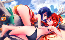 Rule 34 | 2girls, absurdres, alternate costume, alternate hairstyle, artist request, ass, bare shoulders, barefoot, beach, bikini, black bikini, blue eyes, blue hair, blush, bracelet, breasts, brown eyes, couple, earrings, eye contact, face-to-face, female focus, flip flappers, hair ornament, happy, highres, holding hands, imminent kiss, jewelry, kokomine cocona, log, long hair, looking at another, lying, midriff, multiple girls, ocean, open mouth, orange bikini, outdoors, papika (flip flappers), red hair, sand, short hair, small breasts, smile, straddling, swimsuit, yuri