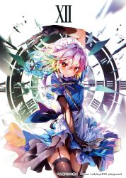 Rule 34 | 1girl, apron, between fingers, black gloves, black thighhighs, braid, breasts, closed mouth, commentary request, cover, cover page, frown, garter straps, gloves, gradient hair, grey hair, hair between eyes, highres, holding, holding knife, izayoi sakuya, kamiya yuu, knife, knives between fingers, looking at viewer, maid, maid apron, maid headdress, medium breasts, medium hair, multicolored hair, official art, roman numeral, solo, thighhighs, touhou, touhou luna nights, video game cover, waist apron, yellow eyes