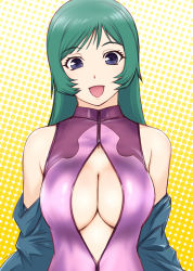 Rule 34 | 00s, 1girl, :d, bare shoulders, blue eyes, breasts, casual one-piece swimsuit, center opening, cleavage, cleavage cutout, clothing cutout, eyebrows, female focus, front zipper swimsuit, gradient background, green hair, halftone, halftone background, halterneck, happy, kotona elegance, large breasts, lips, long hair, looking at viewer, meme attire, off shoulder, one-piece swimsuit, open mouth, polka dot, polka dot background, purple eyes, purple one-piece swimsuit, shiny clothes, smile, solo, swimsuit, turtleneck, ueyama michirou, unzipped, upper body, yellow background, zipper, zoids, zoids genesis