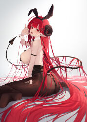 Rule 34 | 1girl, animal ear hairband, animal ears, arm strap, azur lane, backless leotard, black horns, black leotard, blood, curled horns, demon girl, demon tail, detached collar, fake animal ears, fang, finger to mouth, forward facing horns, from behind, highres, hindenburg (azur lane), hindenburg (delirious duel) (azur lane), horns, leotard, long hair, official alternate costume, pantyhose, playboy bunny, rabbit ear hairband, rabbit ears, red eyes, red hair, shigma, sitting, strapless, strapless leotard, tail, torn clothes, torn pantyhose, undersized breast cup, wariza, wrist cuffs