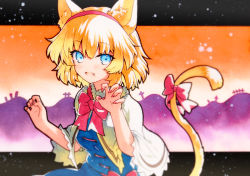 Rule 34 | 1girl, alice margatroid, animal ears, blonde hair, blue dress, blue eyes, blush, capelet, cat ears, cat tail, dress, fang, hairband, highres, open mouth, qqqrinkappp, red hairband, short hair, skin fang, smile, solo, tail, touhou, traditional media, upper body, white capelet