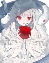 Rule 34 | 1girl, apple, blush, dress, food, fruit, hair ornament, heart, heart hair ornament, highres, holding, holding food, holding fruit, karo (karohroka), long hair, long sleeves, looking at viewer, original, parted lips, red eyes, snake, solo, upper body, white dress, white hair, white theme