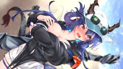 Rule 34 | 1girl, @ @, ^^^, absurdres, arknights, baseball cap, black jacket, blue hair, blue sky, breasts, ch&#039;en (arknights), ch&#039;en the holungday (arknights), cleavage, commentary request, cowboy shot, day, dragon horns, folded ponytail, hair between eyes, hat, highres, holding, horns, horns through headwear, jacket, kurarome, large breasts, long hair, long sleeves, parted lips, red eyes, sky, solo, standing, white hat