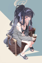 Rule 34 | 1girl, bags under eyes, bandaid, bandaid on foot, bare legs, bare shoulders, barefoot, bikini, black bikini, black hair, blue archive, blush, book, breasts, cardigan, commentary request, cup, disposable cup, drink, drinking straw, grey cardigan, grey jacket, hairband, halo, highres, holding, holding cup, holding drink, jacket, jewelry, long hair, necklace, o-ring, o-ring bikini, o-ring bottom, o-ring top, official alternate costume, open cardigan, open clothes, open mouth, ponytail, purple eyes, purple hairband, sandals, shtauffen, simple background, sitting, small breasts, solo, suitcase, sweat, swimsuit, ui (blue archive), ui (swimsuit) (blue archive), very long hair, yellow halo