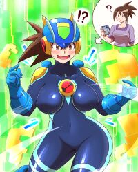 Rule 34 | !?, 1girl, ?, artist request, before and after, blush, bodysuit, breasts, brown eyes, brown hair, cosplay, covered navel, crossover, curvy, embarrassed, gloves, green background, helmet, highres, hope stelar (mega man), large breasts, long hair, looking at viewer, mega man (series), mega man battle network, mega man star force, megaman.exe (cosplay), nervous smile, netnavi, ponytail, shiny clothes, shiny skin, skin tight, smile, surprised, transformation, wavy mouth