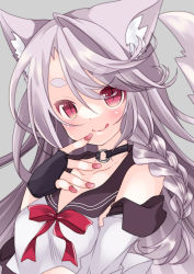Rule 34 | 1girl, animal ears, azur lane, braid, breasts, collarbone, commentary request, dog ears, fingerless gloves, gloves, grey background, grey hair, highres, hikanyan, licking lips, long hair, looking at viewer, nail polish, portrait, red eyes, side braid, simple background, solo, tongue, tongue out, upturned eyes, yuudachi (azur lane)
