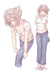 Rule 34 | 10s, 1girl, alternate costume, bracelet, breasts, brown hair, casual, cleavage, commentary request, contemporary, downblouse, full body, hairband, jewelry, jiino, kantai collection, lowleg, lowleg pants, medium breasts, multiple views, mutsu (kancolle), necklace, no bra, pants, shirt, short hair, simple background, t-shirt, white background