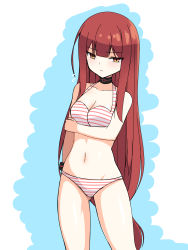 Rule 34 | 1girl, bikini, blush, bracelet, breasts, choker, cleavage, collarbone, crimson avenger (elsword), elesis (elsword), elsword, highres, jewelry, long hair, looking at viewer, medium breasts, navel, parted lips, red hair, solo, standing, striped bikini, striped clothes, swimsuit, very long hair, yellow eyes, zetsuei (zetto)